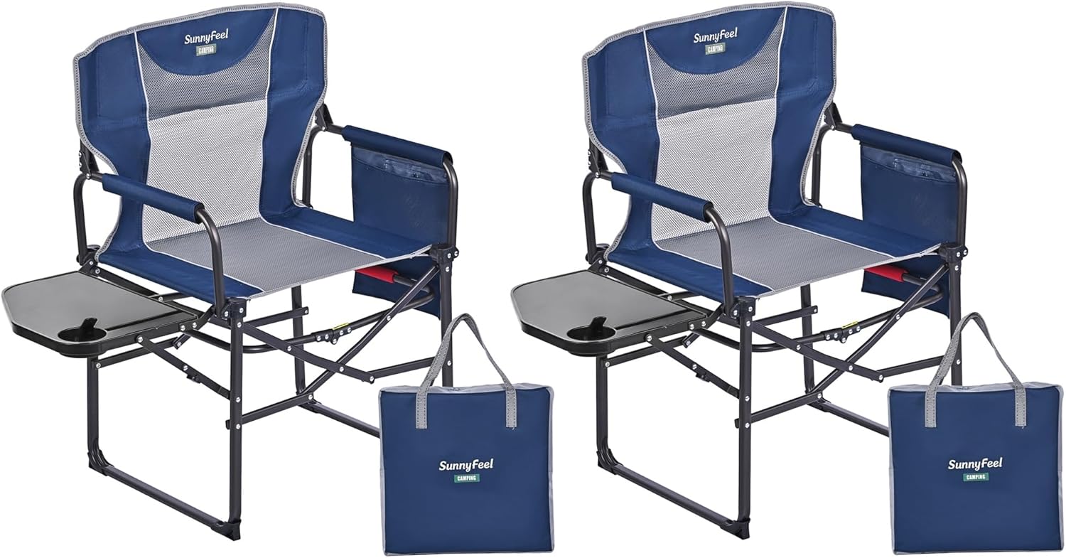 Camping Directors Chair, Heavy Duty,Oversized Portable Folding Chair with Side Table, Pocket for Beach, Fishing,Trip,Picnic,Lawn Blue - Navy Blue-2set