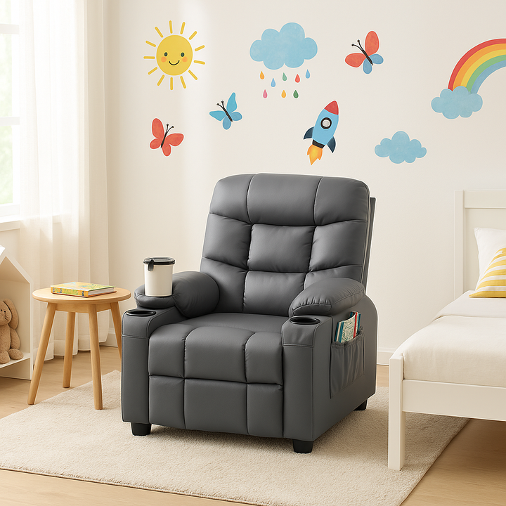 Premium PU Leather Kids Recliner Chair with Dual Cup Holders & Storage Pockets - Ergonomic Youth Furniture with 130° Recline