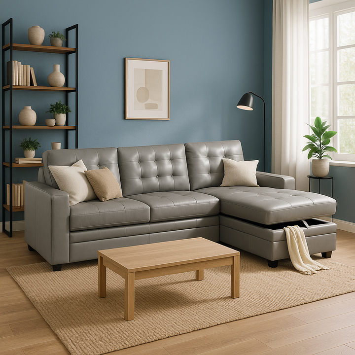 Premium Light Gray Faux Leather Sectional Sofa Bed - Modern L-Shaped Couch with Reversible Storage Chaise