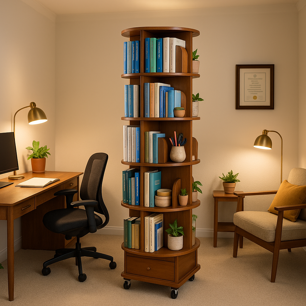 360° Rotating Bookshelf – 6-Tier Corner Bookcase with Wheels, Space-Saving Vertical Storage Rack | Trufairs