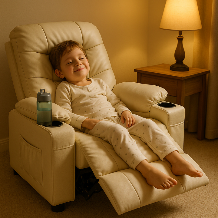 Premium PU Leather Kids Recliner Chair with Dual Cup Holders & Storage Pockets - Ergonomic Youth Furniture with 130° Recline