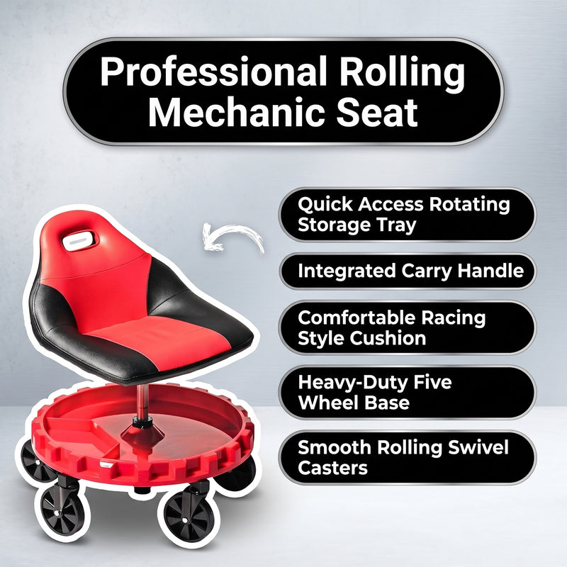 Rolling Mechanic Stool – Adjustable Workshop Seat with Tool Tray & Casters - 7