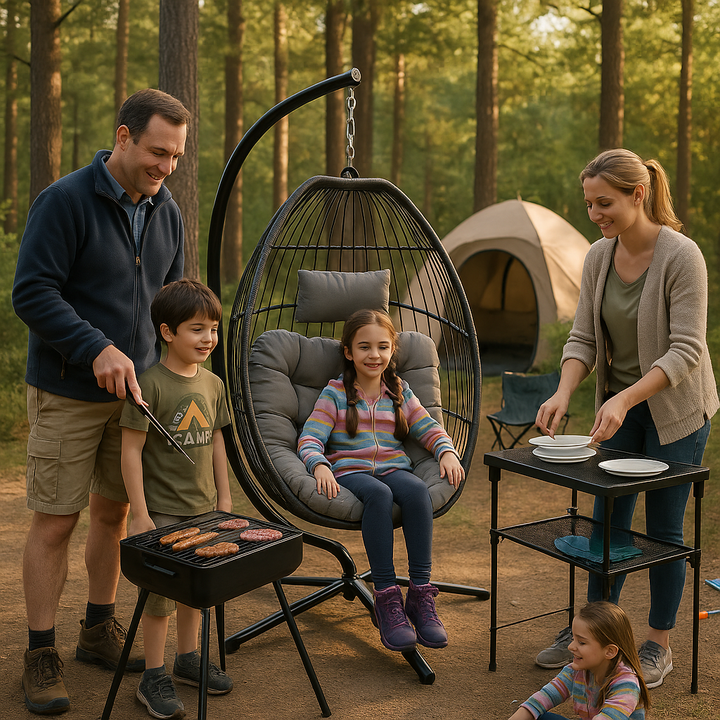 Folding Hanging Egg Chair Gray - Outdoor Wicker Swing with Steel Stand, Comfort Cushion & Space-Saving Design