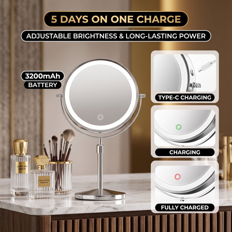 Rechargeable LED Lighted Double Sided Magnifying Makeup Mirror – Height Adjustable with Adjustable Brightness - 7