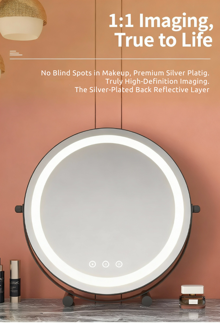 Metal Desktop Makeup Mirror  3-Level LED Lighted Vanity Mirror  Adjustable Rotating Makeup Mirror for Clear Imaging