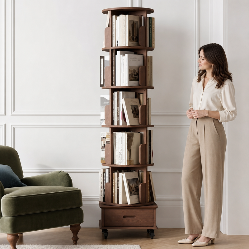 Rotating Bookshelf Tower – 360° Spinning Bookcase | 5 & 6-Tier, Solid Wood & MDF - 7