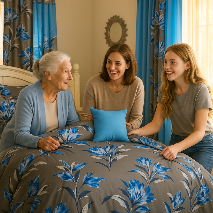 Luxurious 9-Piece Grey/Blue Jewel Flower Bamboo Microfiber Bedding Set - Complete Queen Bedroom Collection with Gift Bag