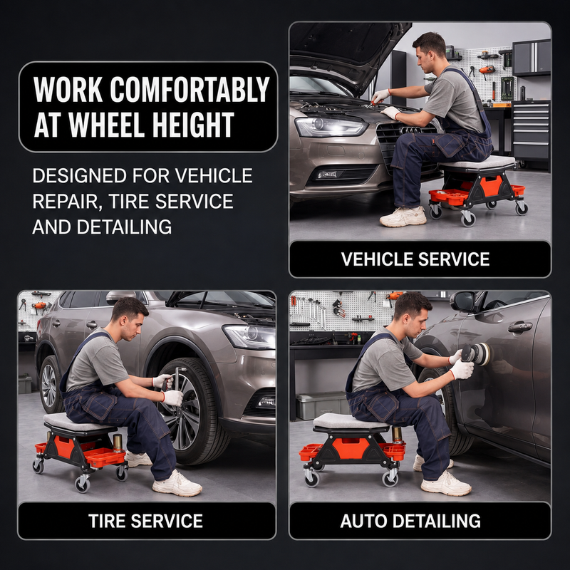 Mobile Mechanic Toolbox Seat with Drawers - Rolling Mechanic Stool with Sliding Tool Tray, Shop Stool with Wheels for Garage & Workshop, Auto Repair - 7