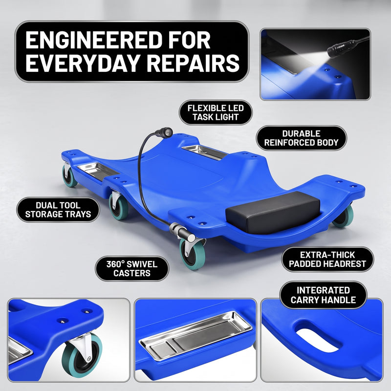 Low Profile Rolling Garage Creeper - Mechanic Creeper with Padded Headrest & Tool Trays, Under Car Roller for Automotive Repair, Rolling Car Creeper - 7