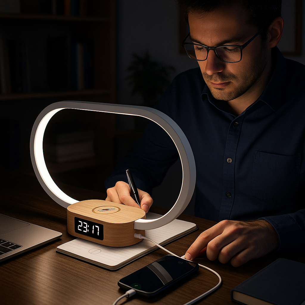 SyncLite Touch Bedside Lamp – Clock, Wireless Charger & Dimmable LED Nightstand Light