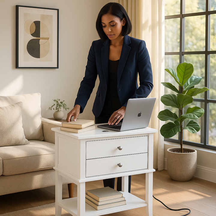 TechStation Pro 28" White Nightstand with Smart Charging Station – 2-Drawer Bedside Table with USB Ports