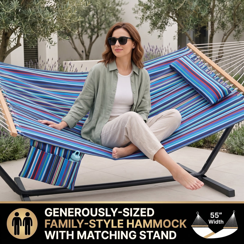 Outdoor Double Hammock with Stand for 2 – Heavy Duty Steel Frame, Pillow Included - 7
