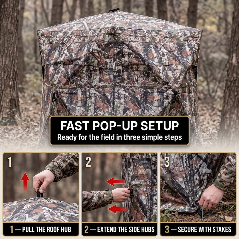 SucceBuy Hunting Blind, 270° & 360° See Through Ground Blind, 2-3 Person / 3-4 Person Pop Up Deer Blind for Hunting with Carrying Bag, Portable Tent - 7