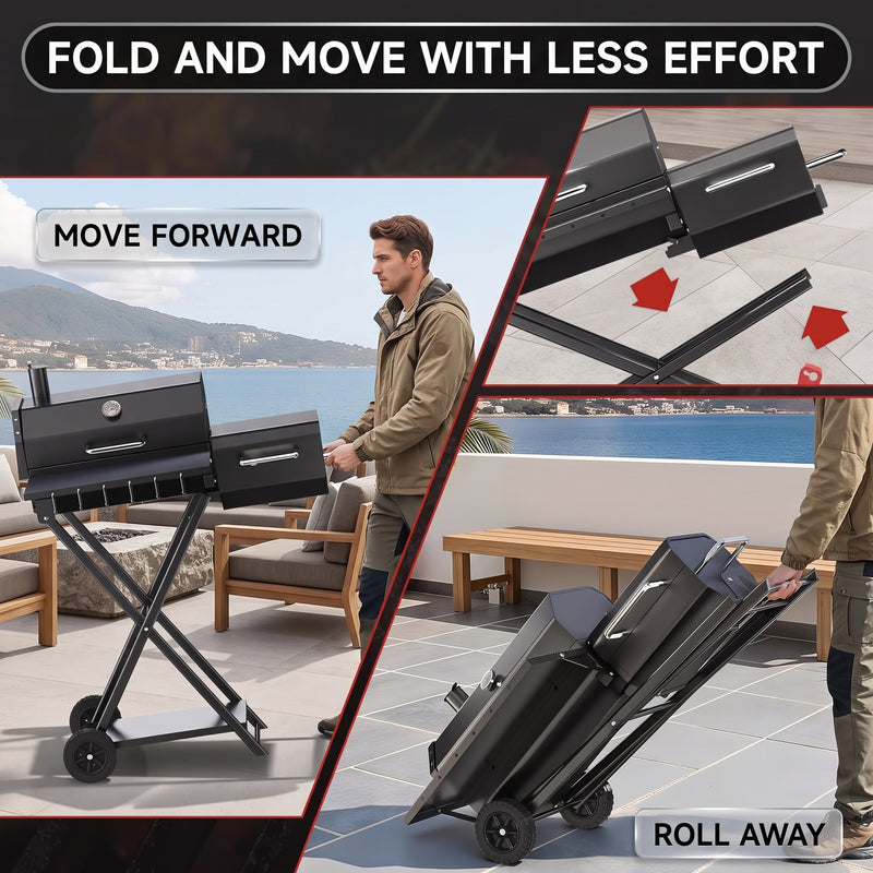 Portable Charcoal Grill with Smoking Function, Foldable Suitcase Design with Wheels, Multi-Tier Storage Rack & Waterproof Cover for Outdoor BBQ Parties - 7