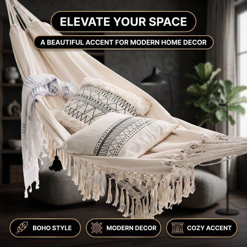 Boho Macrame Double Hammock Swing with Tassels – 2 Person Hanging Chair for Indoor & Outdoor Relaxation - 7