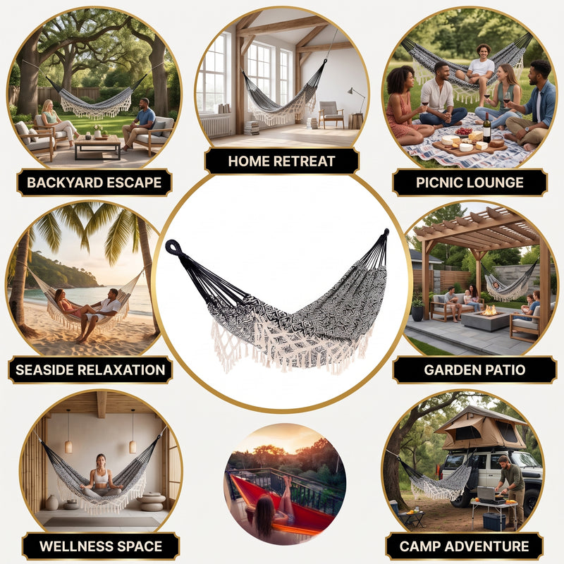 Boho Macrame Double Hammock Swing with Tassels – 2 Person Hanging Chair for Indoor & Outdoor Relaxation - 7
