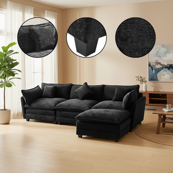 112.2″ L-Shape Chenille Upholstered Sofa with Ottoman & 5 Pillows | Trufairs