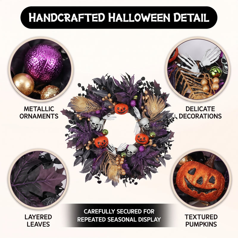 HALLOWEEN WREATH WITH LIGHTS FOR FRONT DOOR – PRE-LIT PUMPKIN, WITCH & GOTHIC PORCH DÉCOR - 7