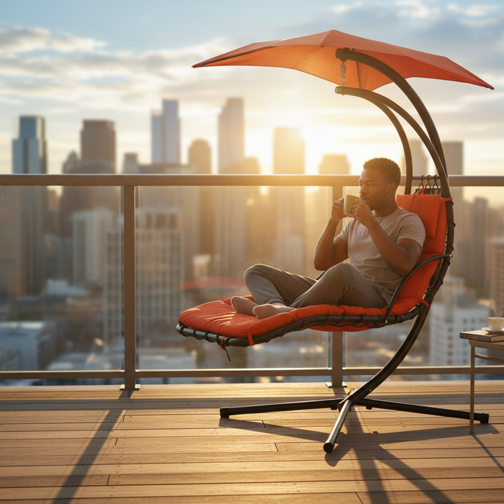 Outdoor Hanging Chaise Swing Orange - Lounger Chair with UV Canopy, Cushion & Stand for Garden Porch Comfort