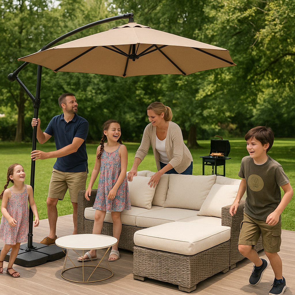 Premium 85" Solar-Powered Cantilever Patio Umbrella with LED Lighting in Elegant Tan