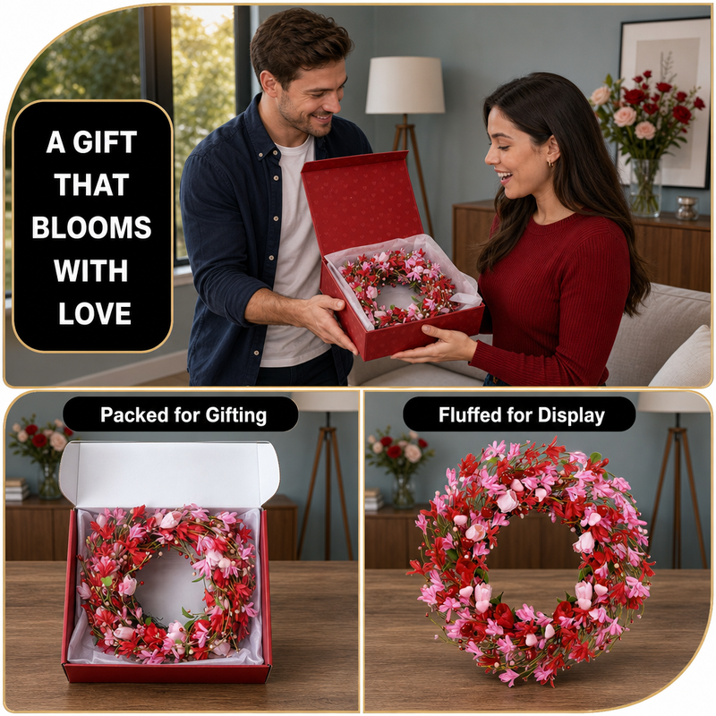 VALENTINE WREATHS FOR FRONT DOOR – HEART & BERRY FLORAL WREATH FOR VALENTINE’S DAY DÉCOR - 7