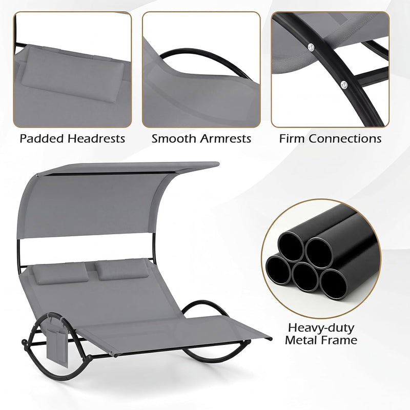 Outdoor Chaise Lounger with Canopy – Single & Double 2-Person Patio Sun Lounger with Cushions & Headrest - 7