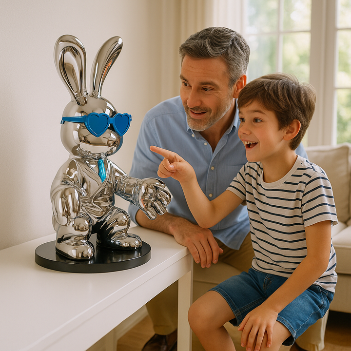 Exclusive Sitting Rabbit with Blue Tie and Glasses Chrome Sculpture - Premium 25" Meditation Art Collection