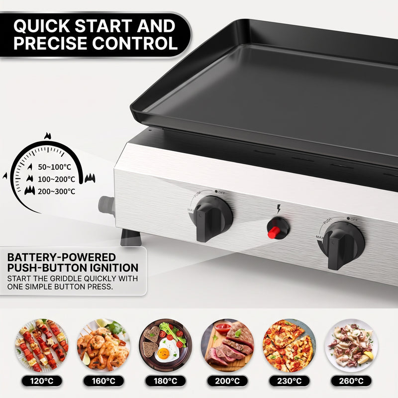 2 & 3 BURNER PORTABLE PROPANE FLAT TOP GRIDDLE – 20,000–45,000 BTU OUTDOOR GRIDDLE WITH SIDE SHELVES & CART - 7