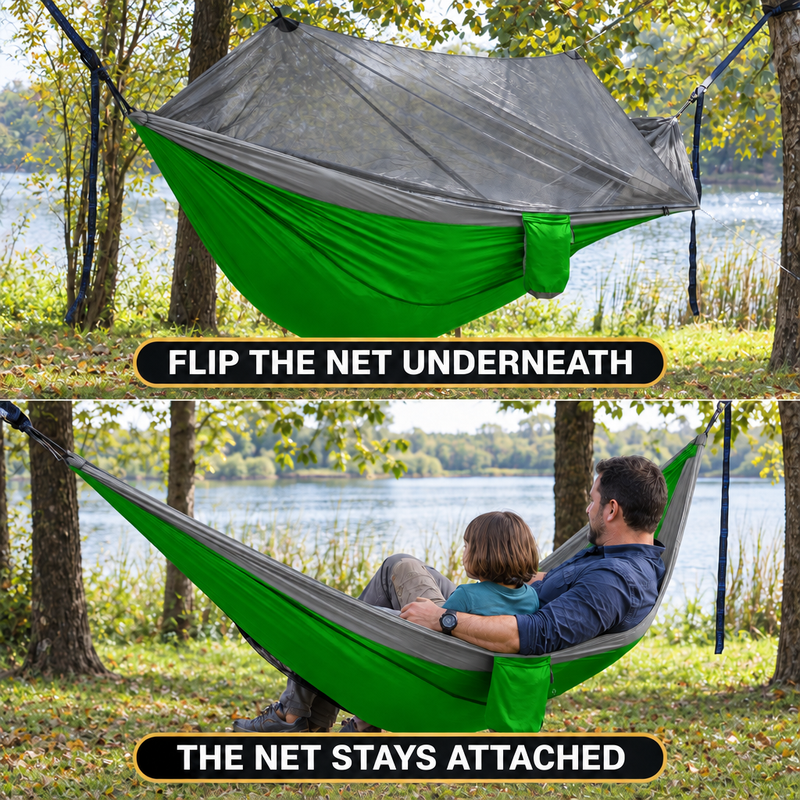 DOUBLE CAMPING HAMMOCK WITH REVERSIBLE BUG NET – 2 PERSON, 660 LB - 7