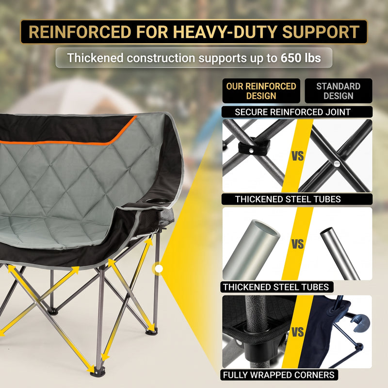 Oversized Padded 2-Person Folding Camping Loveseat Chair – Heavy Duty Outdoor Seating - 7