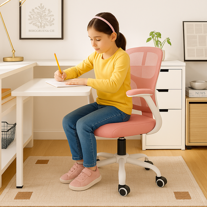 ErgoBliss Pink Mesh Ergonomic Office Chair – Flip-Up Arms, Lumbar Support, Headrest