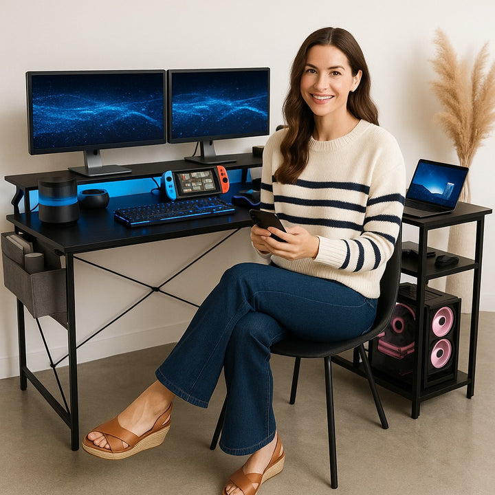 NovaSync 58" Reversible L-Shaped Desk with RGB Lighting & Integrated Power Hub – Black