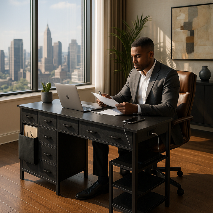 PowerStation Pro 47" Computer Desk with 7 Drawers & Smart Power Hub – Black Gaming Workstation
