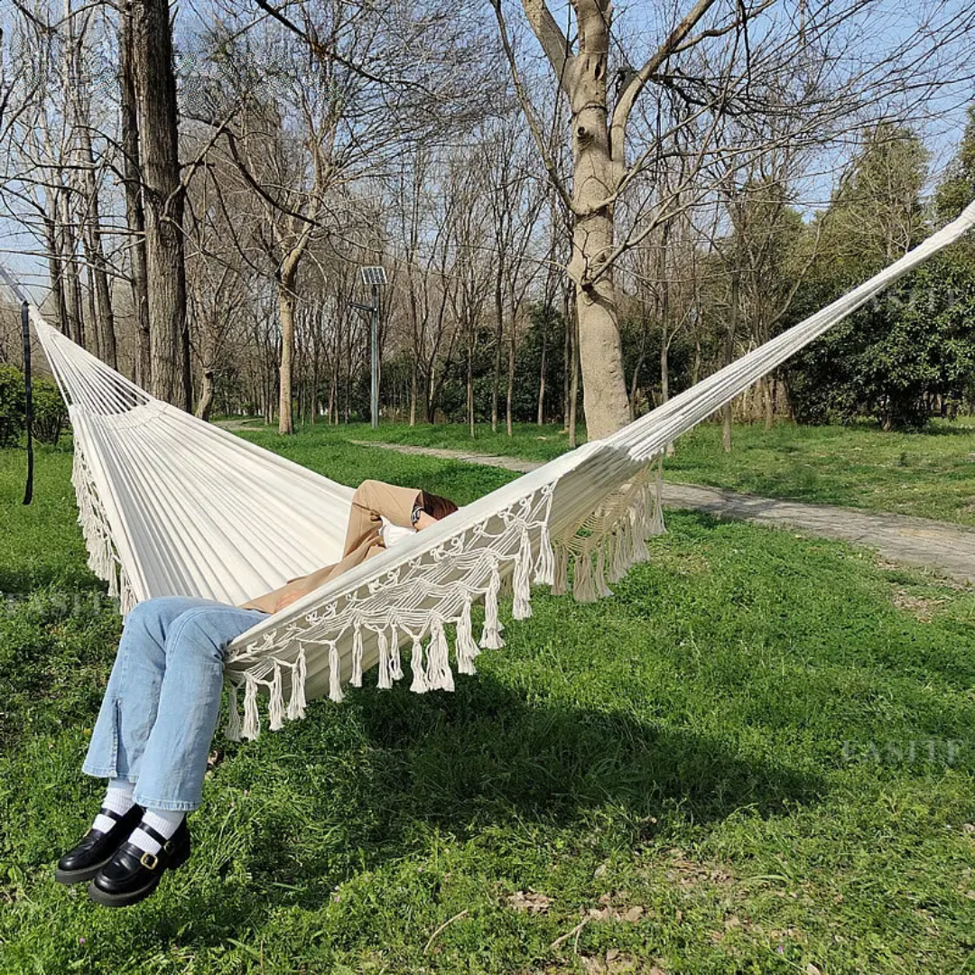 2-Person Boho Macramé Fringe Double Deluxe Hammock Swing | Trufairs