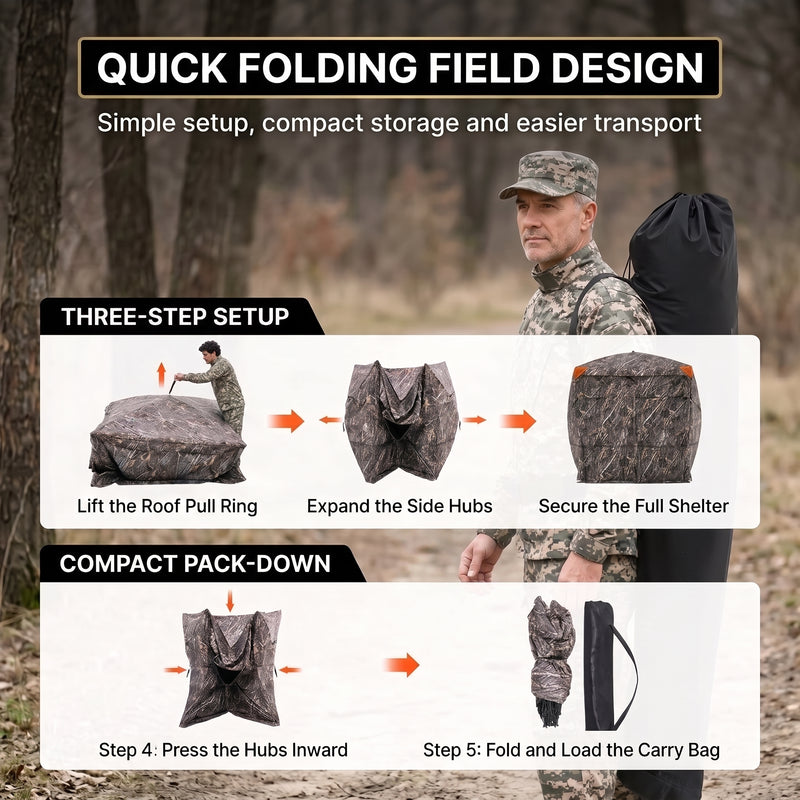 Silent Pop Up Hunting Blind with 270° See Through View – Waterproof Camo Ground Blind Tent for Turkey and Deer Hunting, 1-7 Person Capacity - 7
