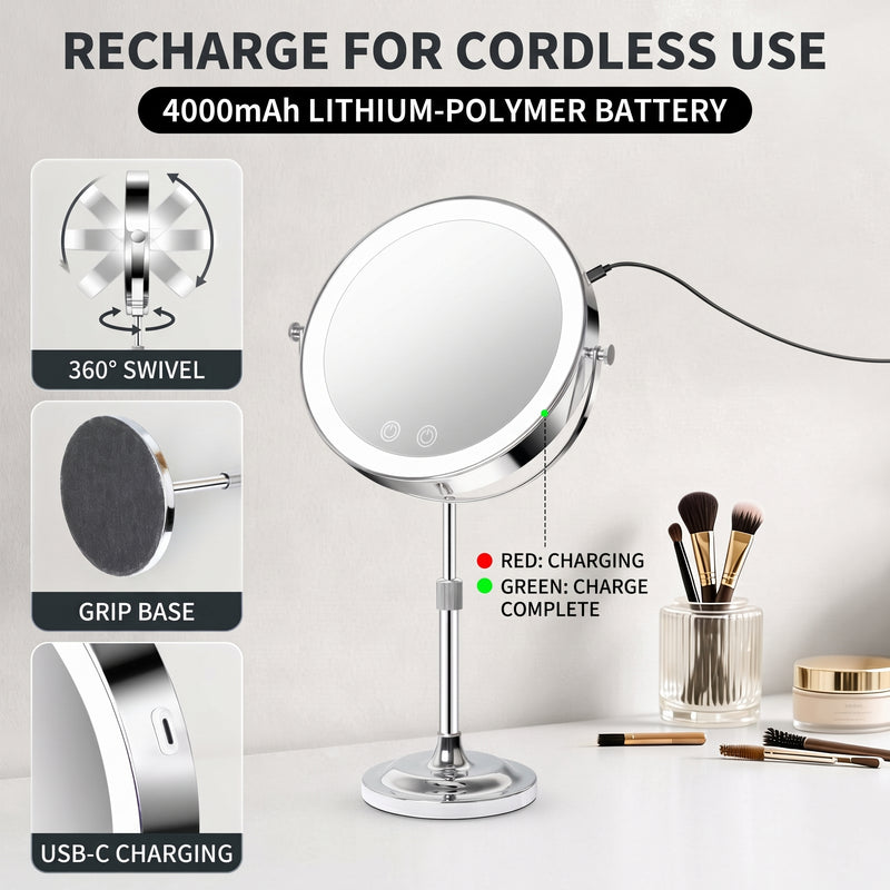 Double-Sided Magnifying Makeup Mirror – LED, Rechargeable, Height-Adjustable - 7