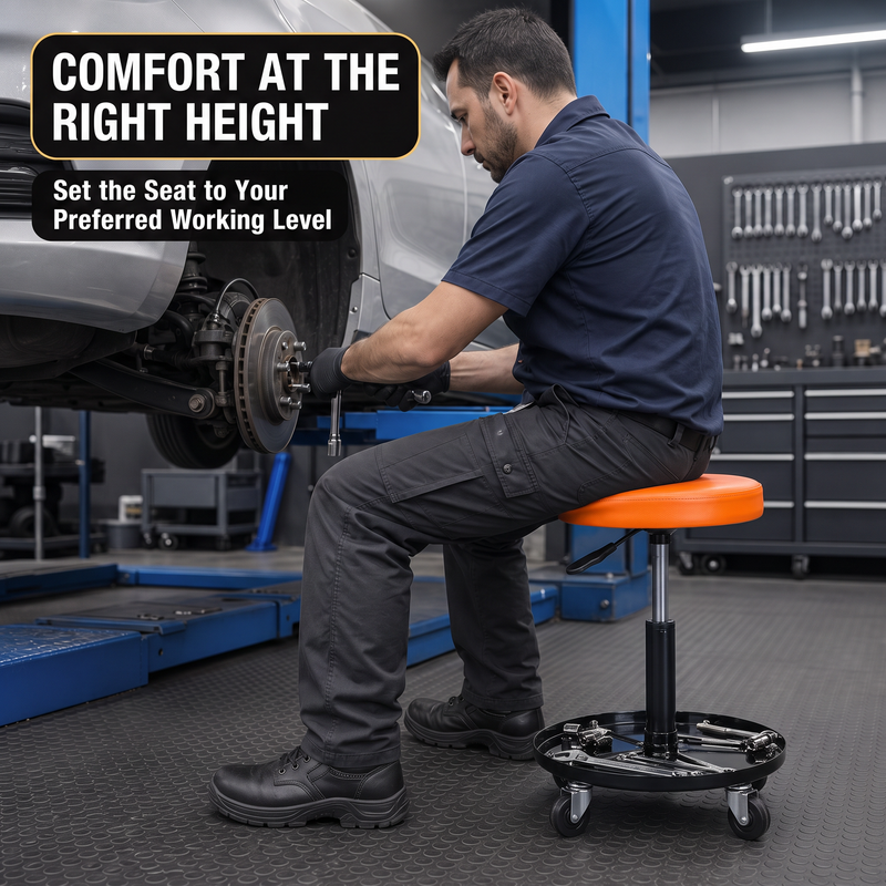 Pneumatic Rolling Mechanic Stool with Wheels – Adjustable Height Shop Stool with Tool Tray, 360° Swivel Seat for Garage & Workshop - 7