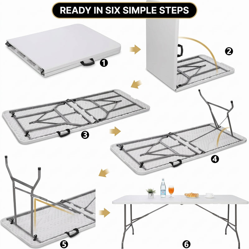 6 FT FOLDING CAMPING TABLE – PORTABLE INDOOR OUTDOOR TABLE WITH WATERPROOF HDPE TOP & CARRY HANDLE - 7