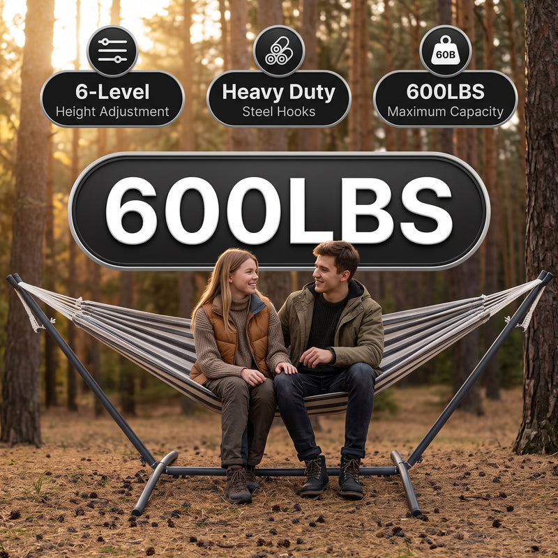Double Hammock with Stand – Portable, Adjustable & 600lb Capacity for Indoor & Outdoor - 7
