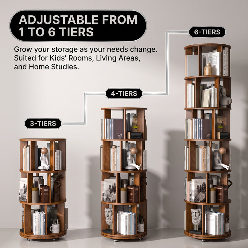 Rotating Bookshelf Tower – 360° Spinning Bookcase | 5 & 6-Tier, Solid Wood & MDF - 7