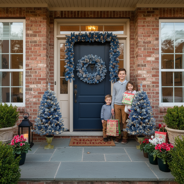Pre-lit Xmas Tree Artificial Christmas 4-Piece Set,Garland, Wreath and Set of 2 Entrance Trees X-mas with LED Lights, Christmas Tree