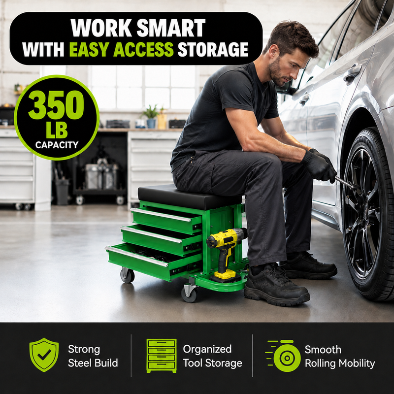 Mobile Mechanic Toolbox Seat with Drawers - Rolling Mechanic Stool with Sliding Tool Tray, Shop Stool with Wheels for Garage & Workshop, Auto Repair - 7