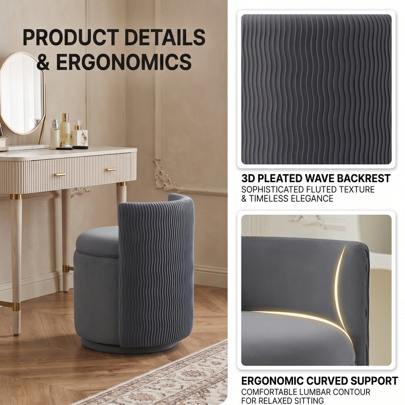 VANITY CHAIR WITH STORAGE – 360° SWIVEL VELVET SEAT - 7