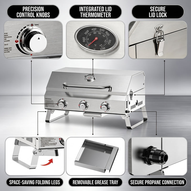 PORTABLE STAINLESS STEEL TABLETOP PROPANE GRILL – 2 & 3 BURNER OUTDOOR BBQ OPTIONS - 7