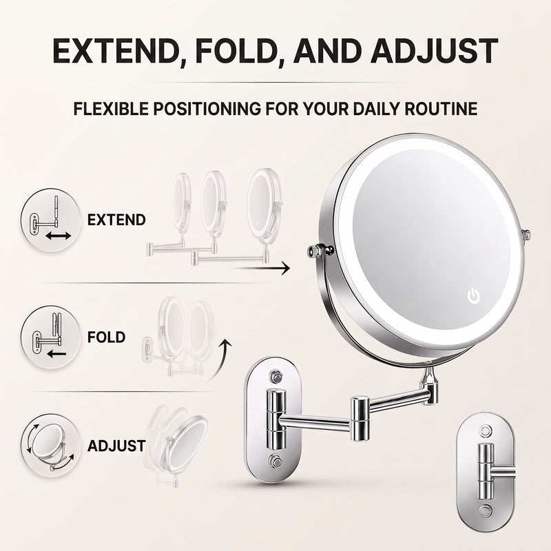 Rechargeable Wall Mounted Makeup Mirror with LED Light – Adjustable Brightness, Magnifying - 7