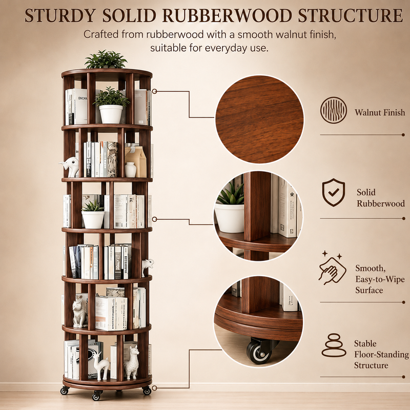Rotating Bookshelf Tower – 360° Spinning Bookcase | 5 & 6-Tier, Solid Wood & MDF - 7