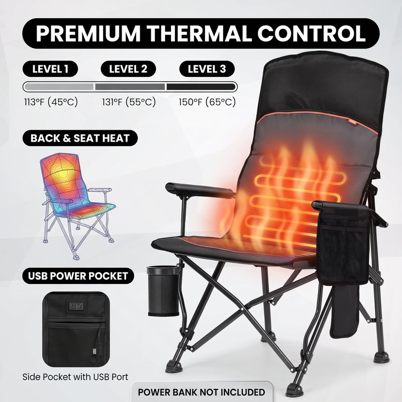 Heated Camping Chair for Adult Outdoor Activities - Portable Folding Heated Chair with 3 Adjustable Heat Levels, Heating Backrest Cushion Support 264LBS for Patio Camping (Battery Not Included) - 7