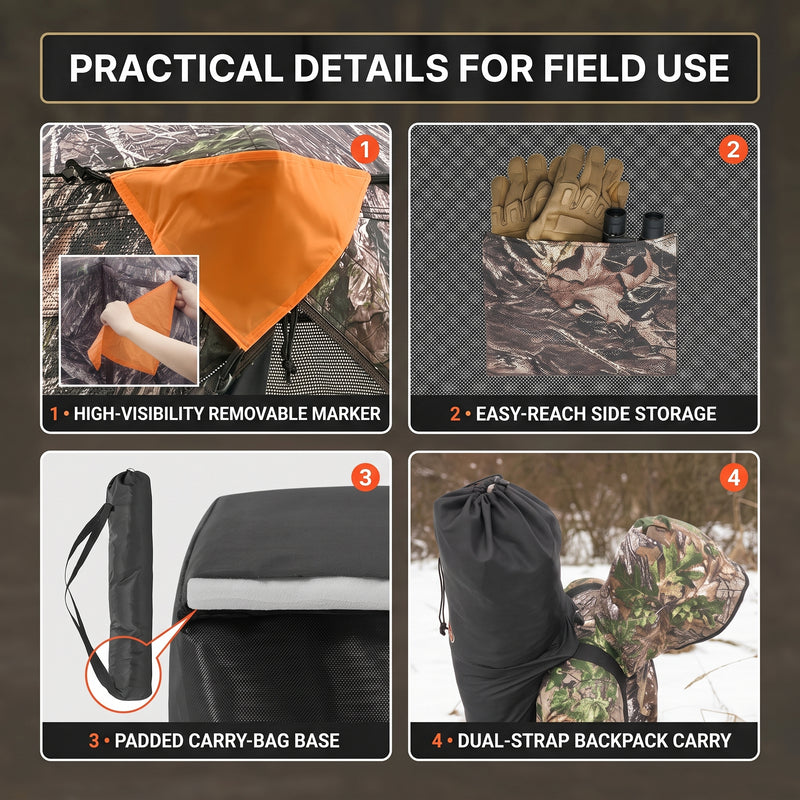 Silent Pop Up Hunting Blind with 270° See Through View – Waterproof Camo Ground Blind Tent for Turkey and Deer Hunting, 1-7 Person Capacity - 7