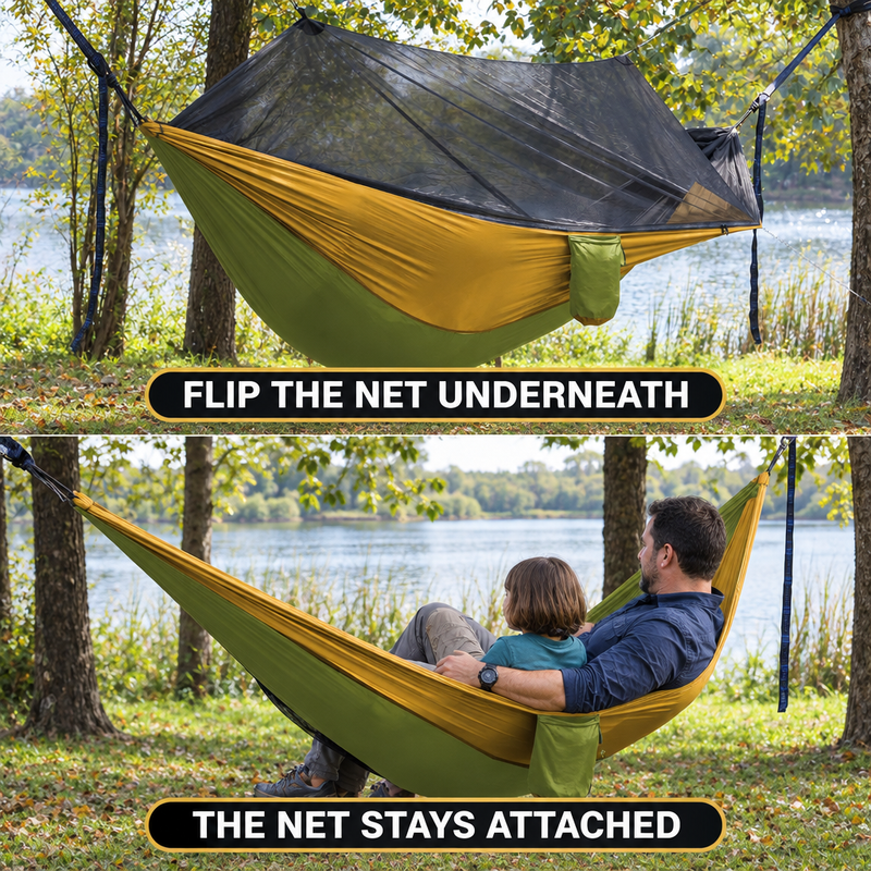 DOUBLE CAMPING HAMMOCK WITH REVERSIBLE BUG NET – 2 PERSON, 660 LB - 7