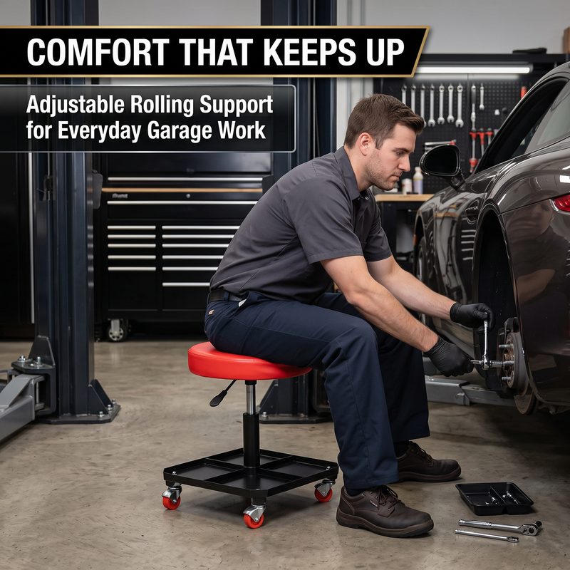 Pneumatic Rolling Mechanic Stool with Wheels – Adjustable Height Shop Stool with Tool Tray, 360° Swivel Seat for Garage & Workshop - 7